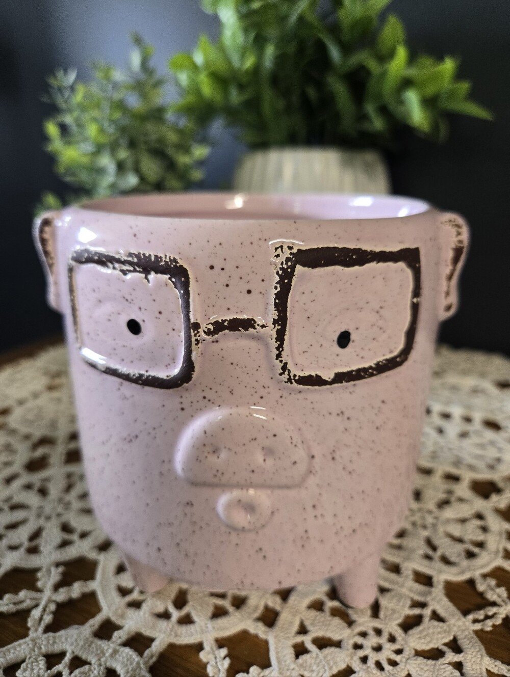 Pink Speckled Pig Face Planter with Glasses